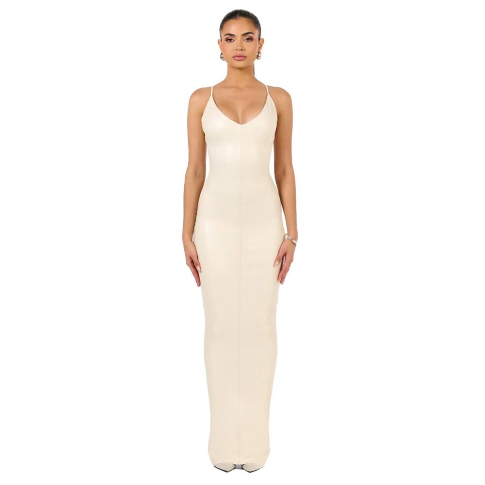 Vegan Leather V-Neck Seam Maxi Dress by Naked Wardrobe